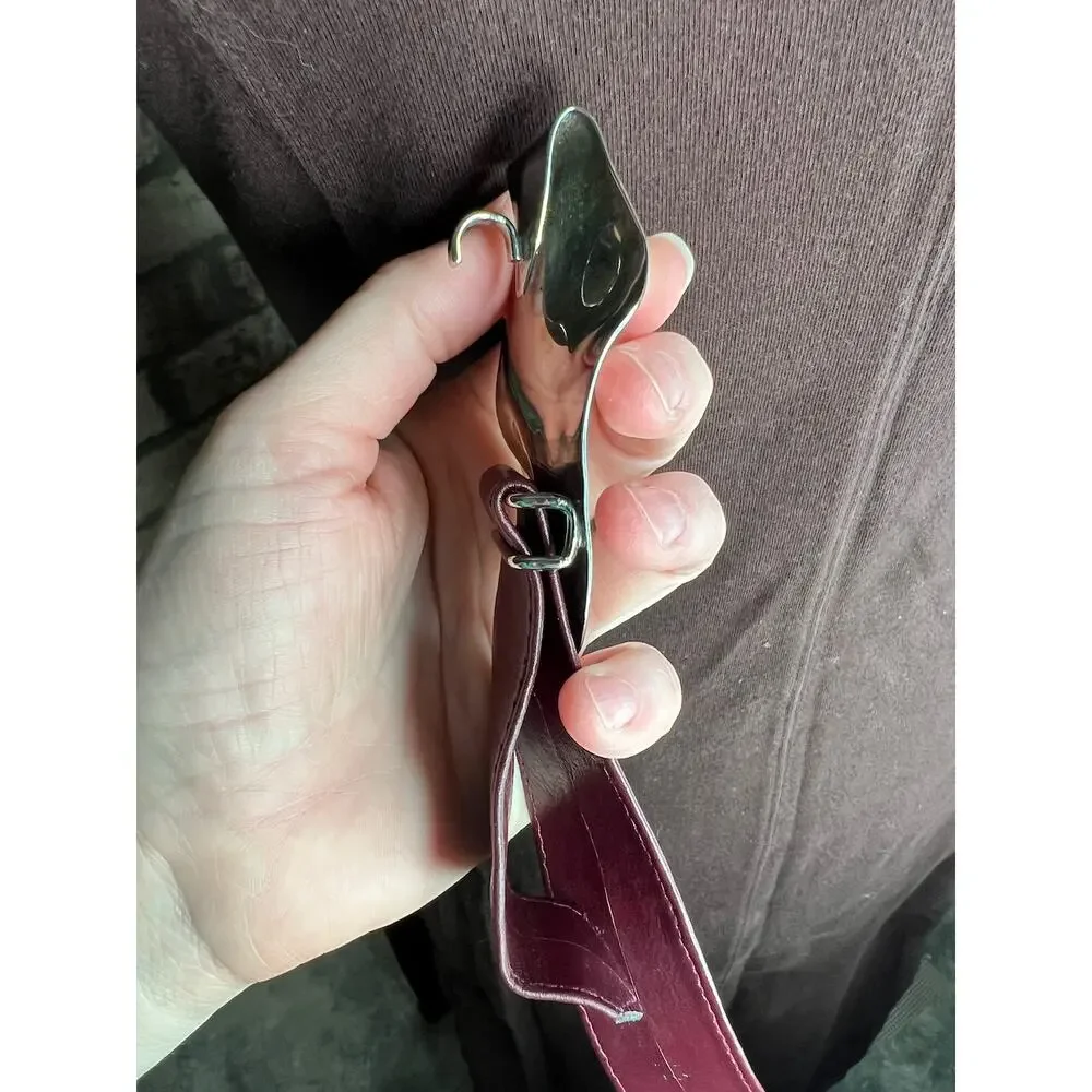belt oval rippled buckle maroon burgundy wine silver vintage